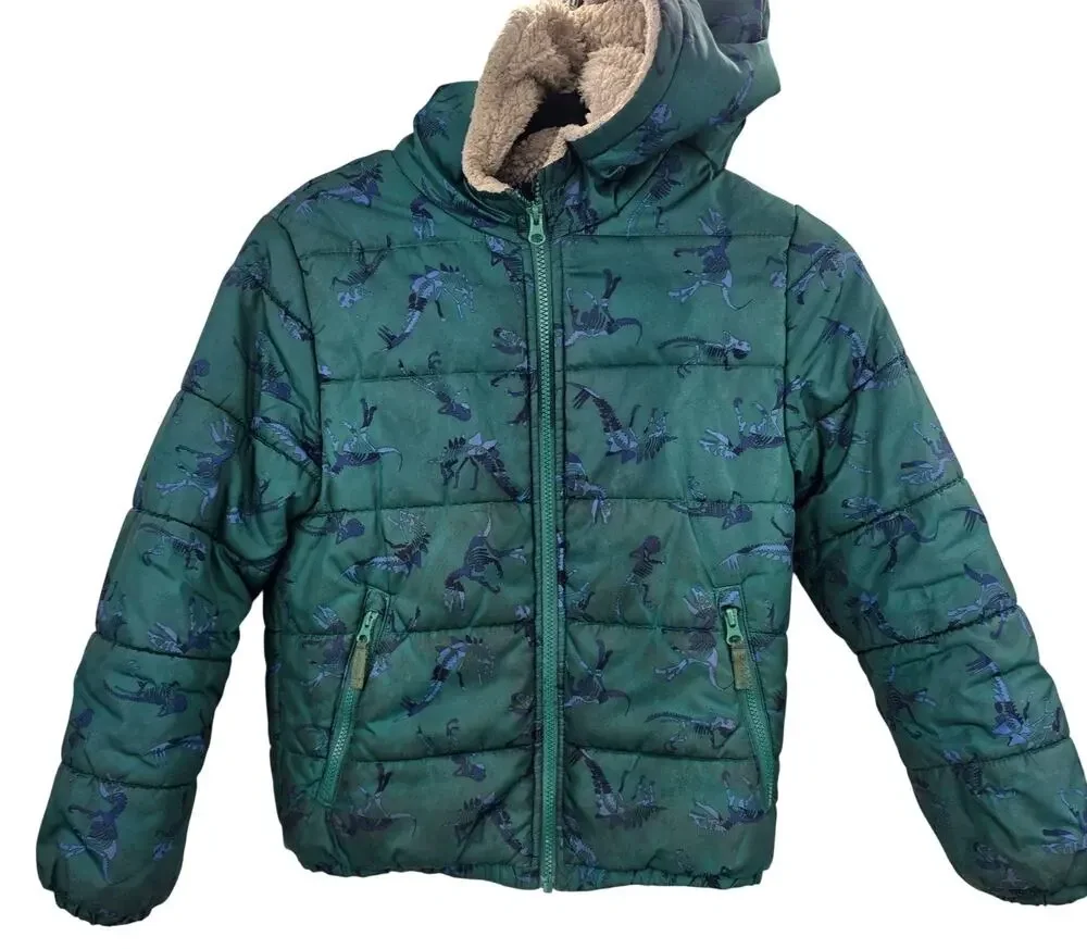 OshKosh B'gosh Coat Boys 10 Dinosaur Green Puffer Hood Dino Winter Sherpa Lined